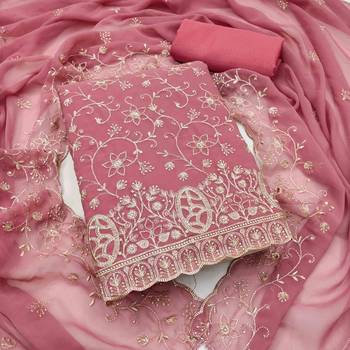 pink georgette embroidered unstitched dressmaterials 3 pair top bottom dupptaa 1