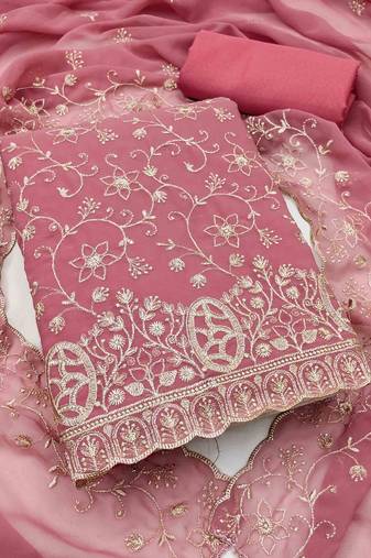 pink georgette embroidered unstitched dressmaterials 3 pair top bottom dupptaa