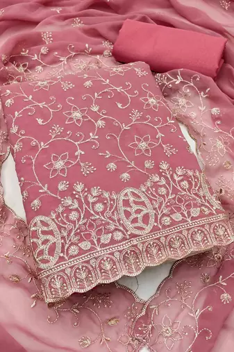 pink georgette embroidered unstitched dressmaterials 3 pair top bottom dupptaa