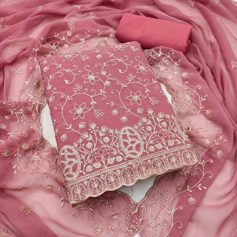 pink georgette embroidered unstitched dressmaterials 3 pair top bottom dupptaa