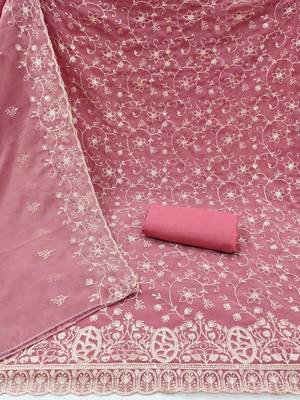 pink georgette embroidered unstitched dressmaterials 3 pair top bottom dupptaa 2