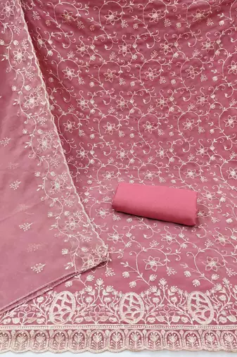 pink georgette embroidered unstitched dressmaterials 3 pair top bottom dupptaa