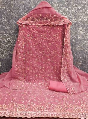 pink georgette embroidered unstitched dressmaterials 3 pair top bottom dupptaa 3