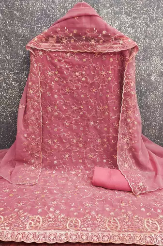 pink georgette embroidered unstitched dressmaterials 3 pair top bottom dupptaa