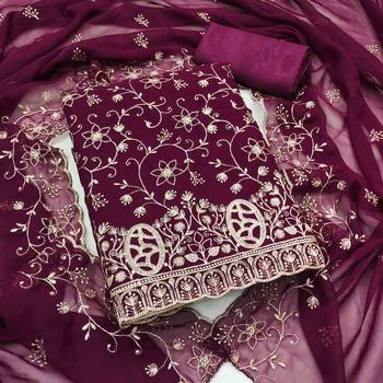 purple georgette embroidered unstitched dressmaterials 3 pair top bottom dupptaa 1