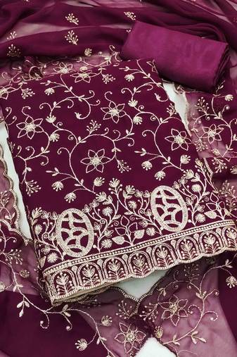 purple georgette embroidered unstitched dressmaterials 3 pair top bottom dupptaa
