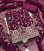 purple georgette embroidered unstitched dressmaterials 3 pair top bottom dupptaa