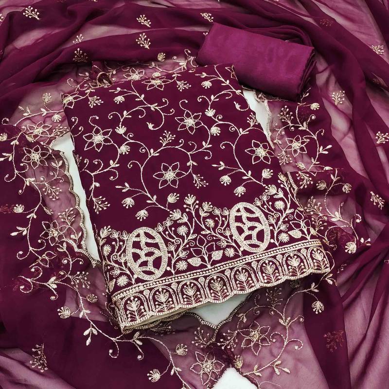 purple georgette embroidered unstitched dressmaterials 3 pair top bottom dupptaa
