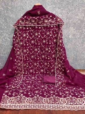 purple georgette embroidered unstitched dressmaterials 3 pair top bottom dupptaa 2