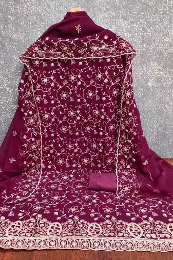 purple georgette embroidered unstitched dressmaterials 3 pair top bottom dupptaa