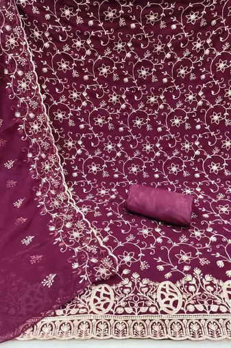 purple georgette embroidered unstitched dressmaterials 3 pair top bottom dupptaa