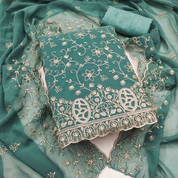 teal georgette embroidered unstitched dressmaterials 3 pair top bottom dupptaa 1