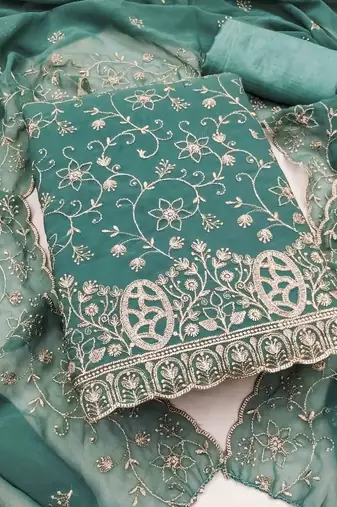 teal georgette embroidered unstitched dressmaterials 3 pair top bottom dupptaa