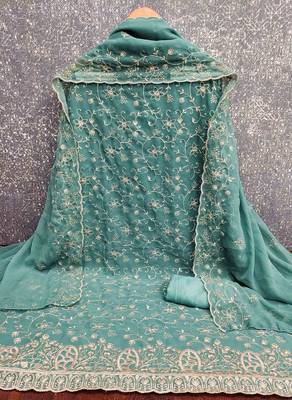 teal georgette embroidered unstitched dressmaterials 3 pair top bottom dupptaa 2
