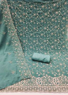 teal georgette embroidered unstitched dressmaterials 3 pair top bottom dupptaa 3