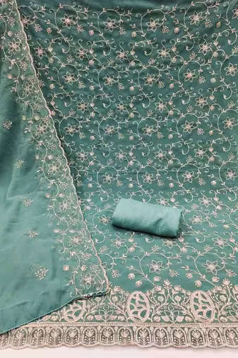 teal georgette embroidered unstitched dressmaterials 3 pair top bottom dupptaa