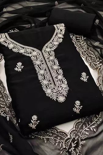 black georgette embroidered unstitched dressmaterials 3 pair top bottom dupptaa
