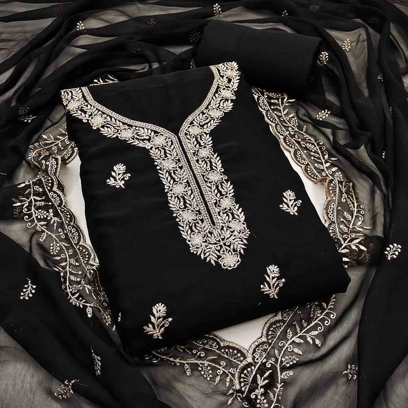 black georgette embroidered unstitched dressmaterials 3 pair top bottom dupptaa