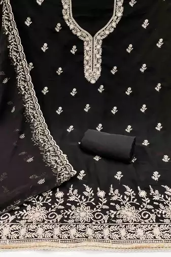 black georgette embroidered unstitched dressmaterials 3 pair top bottom dupptaa
