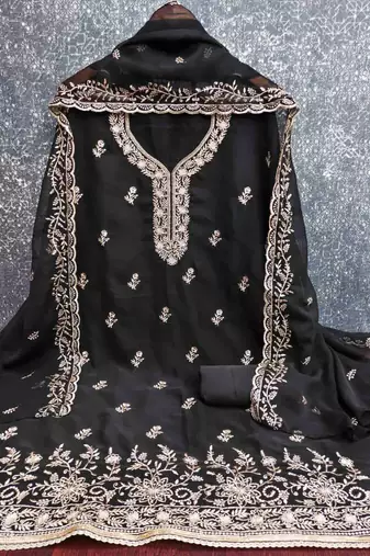 black georgette embroidered unstitched dressmaterials 3 pair top bottom dupptaa