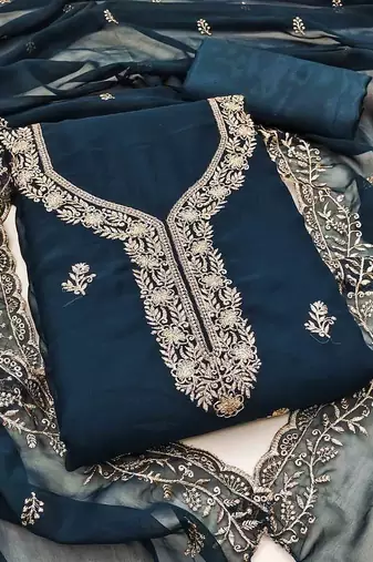 indigo georgette embroidered unstitched dressmaterials 3 pair top bottom dupptaa