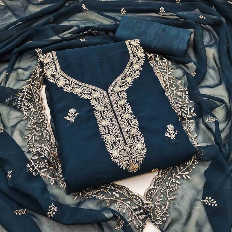 indigo georgette embroidered unstitched dressmaterials 3 pair top bottom dupptaa