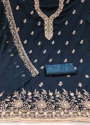 indigo georgette embroidered unstitched dressmaterials 3 pair top bottom dupptaa 2