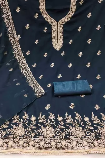 indigo georgette embroidered unstitched dressmaterials 3 pair top bottom dupptaa