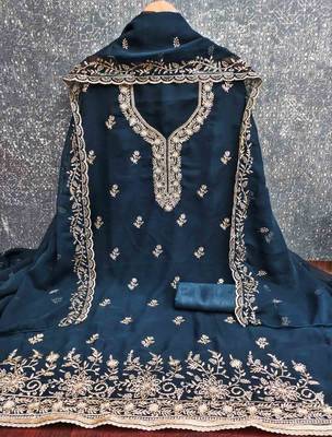 indigo georgette embroidered unstitched dressmaterials 3 pair top bottom dupptaa 3