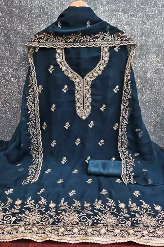 indigo georgette embroidered unstitched dressmaterials 3 pair top bottom dupptaa