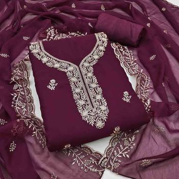 wine georgette embroidered unstitched dressmaterials 3 pair top bottom dupptaa 1