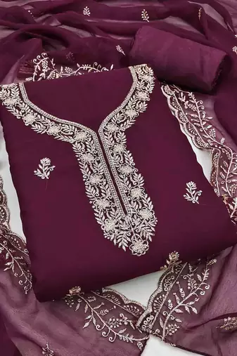 wine georgette embroidered unstitched dressmaterials 3 pair top bottom dupptaa