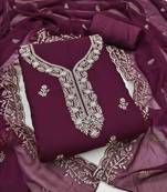 wine georgette embroidered unstitched dressmaterials 3 pair top bottom dupptaa