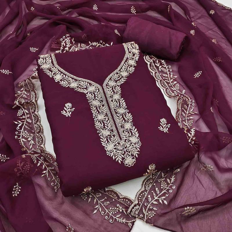 wine georgette embroidered unstitched dressmaterials 3 pair top bottom dupptaa