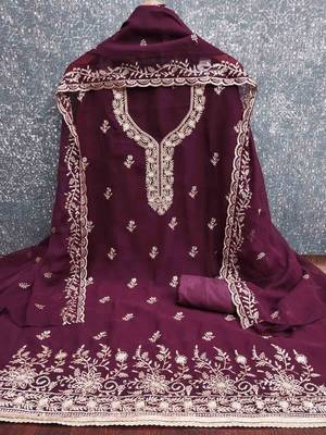wine georgette embroidered unstitched dressmaterials 3 pair top bottom dupptaa 2