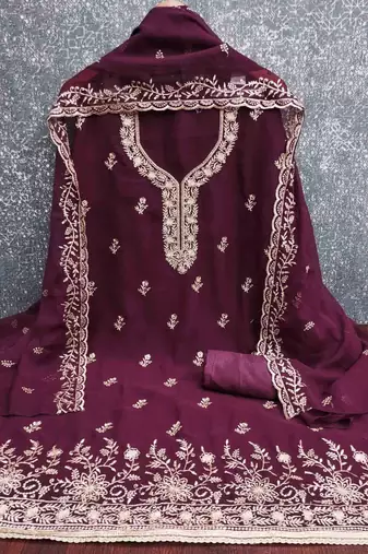 wine georgette embroidered unstitched dressmaterials 3 pair top bottom dupptaa