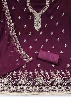 wine georgette embroidered unstitched dressmaterials 3 pair top bottom dupptaa 3