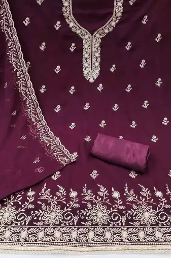 wine georgette embroidered unstitched dressmaterials 3 pair top bottom dupptaa