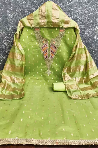 green silk blend embroidered unstitched dressmaterials 3 pair top bottom dupptaa