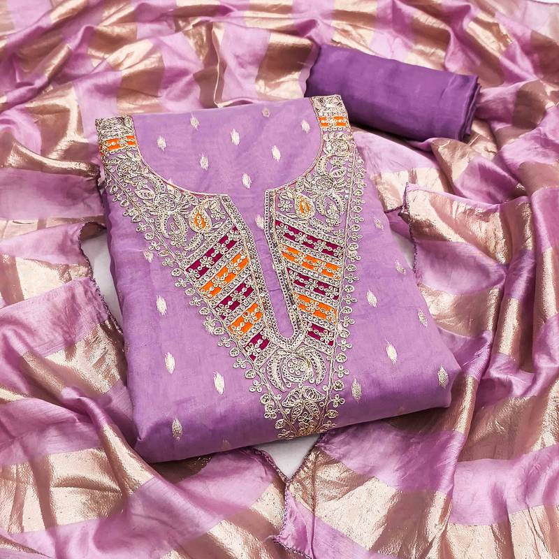 lavender silk blend embroidered unstitched dressmaterials 3 pair top bottom dupptaa