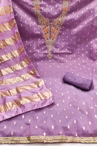 lavender silk blend embroidered unstitched dressmaterials 3 pair top bottom dupptaa