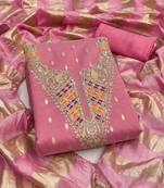 pink silk blend embroidered unstitched dressmaterials 3 pair top bottom dupptaa