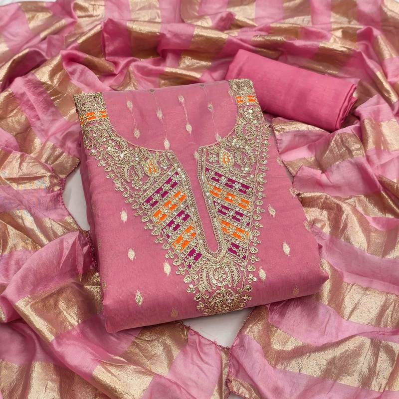 pink silk blend embroidered unstitched dressmaterials 3 pair top bottom dupptaa