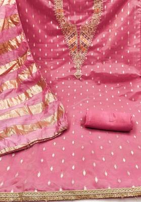 pink silk blend embroidered unstitched dressmaterials 3 pair top bottom dupptaa 2