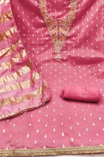 pink silk blend embroidered unstitched dressmaterials 3 pair top bottom dupptaa