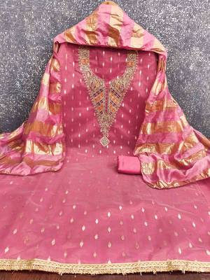 pink silk blend embroidered unstitched dressmaterials 3 pair top bottom dupptaa 3