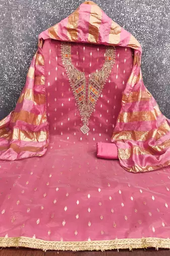 pink silk blend embroidered unstitched dressmaterials 3 pair top bottom dupptaa