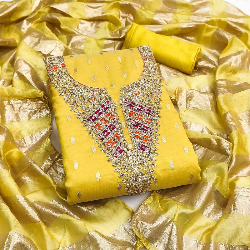 yellow silk blend embroidered unstitched dressmaterials 3 pair top bottom dupptaa