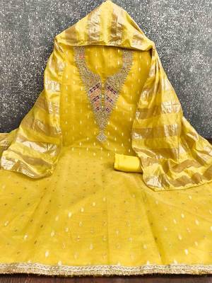 yellow silk blend embroidered unstitched dressmaterials 3 pair top bottom dupptaa 2