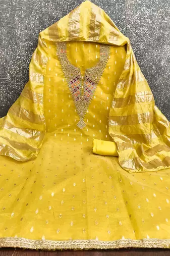 yellow silk blend embroidered unstitched dressmaterials 3 pair top bottom dupptaa